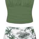 Girls Tankini Swimsuits Two Piece Tropical Print Pleated Bathing Suit with Ruffle Drawstring Skirt Swimwear 9-16T (9-10 Years, Green Palm)