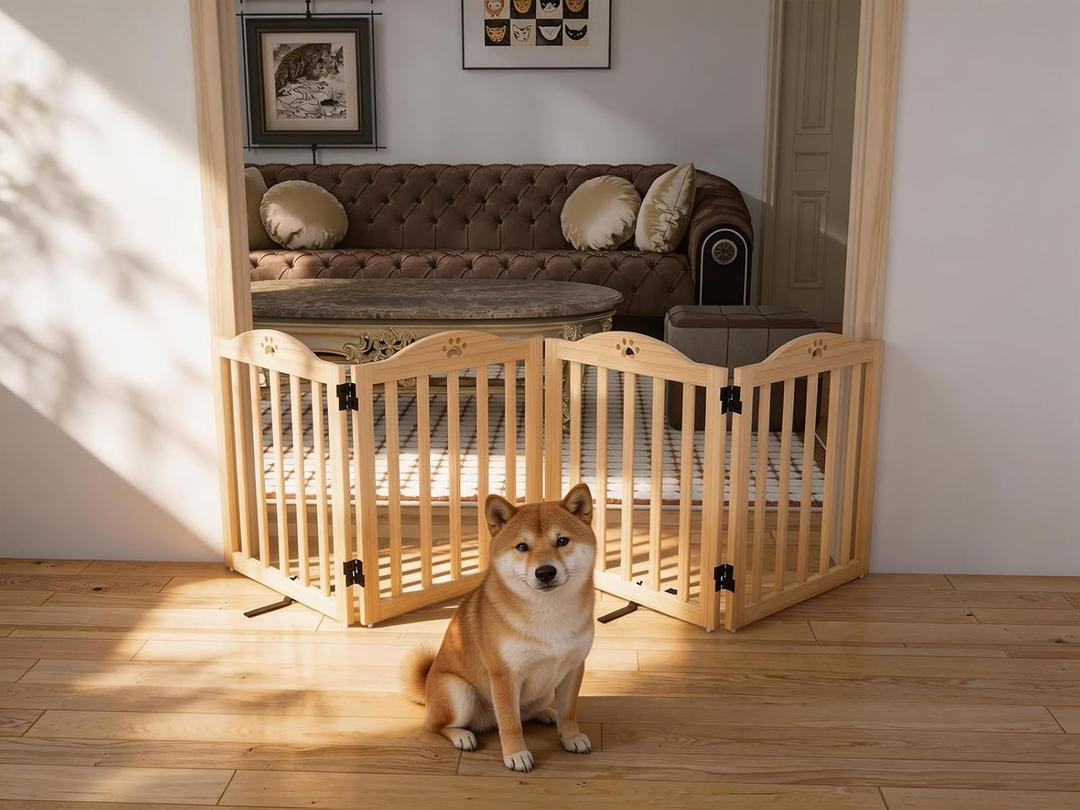 YOCAN 23.6" Tall Solid Wood Freestanding Dog Gate, 4-Panel | Foldable Indoor Pet Gate with Upgraded Integrated Support Feet, No Assembly Dog Barrier for Doorways, Hallways & Stairs