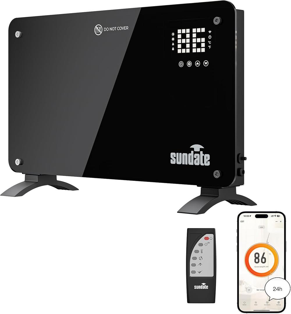 SUNDATE Convection Heater Wifi Control, Indoor Space Heater, 1500W Electric Heating with Remote Control, Digital Display, Fast Heating, 24H Timers for Living Room, Bedroom, Office Black