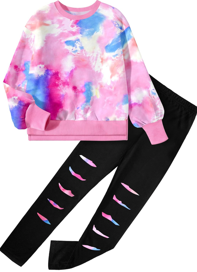 Girls Clothes, Girls Outfits Tie Dye Sweatshirt Tops and Leggings Sweatpants 2 Piece Fall Winter Clothes Set , 6-14T 7-8Y