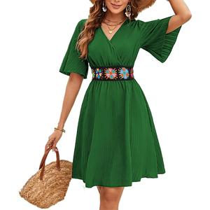 TDiooCor 2026 Casual Short Summer Bohemian Dresses for Women Casual Flowy Puff Sleeve Knee Length Midi Sun Dress (Green, XXL)