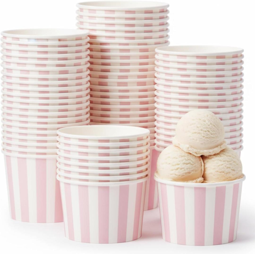 Zopeal 50 Count Light Pink Striped Ice Cream Cups Disposable 9 oz Ice Cream Bowls Paper Race Car Birthday Party Supplies Snack Cups Sundae Picnic Dessert Yogurt Bowls for Food