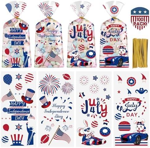 Litmitfu 100 Pcs 4th of July Treat Bags - Happy Patriotic Day Plastic Cellophane Bag, Clear Fourth of July Gift Goodie Candy Favor Bags with Gold Twist Ties for Independence Day Party Favors Supplies