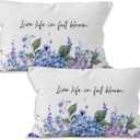 Inspirational Hydrangea Floral Throw Pillow Covers 16x24, Live Life in Full Bloom Cottagecore Flower Decorative Pillow Covers for Home Bedroom, Inspirational Gifts Accent Pillows Cover Pillowcases