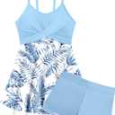 Girls Swimsuits Criss Cross Tropical Print Mesh Dress Bathing Suits with Shorts 2 Piece Tankini for Teens (13-14 Years, Blue)