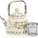 Jucoan 1.8 Quart Vintage Enamel Stovetop Tea Kettle, Retro Green Floral Enamel on Steel Teapot with Removable Infuser for Camping, Gift for Wedding Housewarming Easter