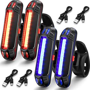 4 Pcs Bike Light USB Rechargeable Bike Tail Light Bicycle Headlight Tail Light Set Ultra Bright Bicycle LED Safety Light Waterproof Cycling Taillight 7 Modes for Road Mountain Night Riding (Red, Blue)