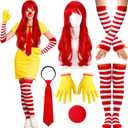 Maiteenly 6 Pcs Halloween Fast Food Clown Costumes Accessories Includes Wig Gloves Red White Striped Stockings and Arm Sleeves Sponge Nose Adjustable Necktie Red Yellow Clown Outfits for Women Cosplay (Adult, One Size)