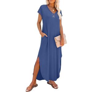 RUMIA Summer Casual Maxi Dresses for Women- Women's V Neck Cap Sleeve Long Sundress with Pockets Beach Vacation, Size: Large