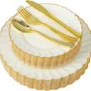 150pcs Ivory Scalloped Plastic Plates Set with Gold Rim,Fancy Disposable Dinnerware Sets Include 60 Plastic Dessert Plates,30Forks, 30Knives, 30Spoons Perfect for Wedding & Easter & Mother's Day