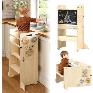 4-in-1 Kids Kitchen Step Stool, Foldable Toddler Tower with Blackboard and Toys, Toddler Kitchen Stool Helper for Kids, Wooden Step Stool for Toddlers, Learning Standing Tower