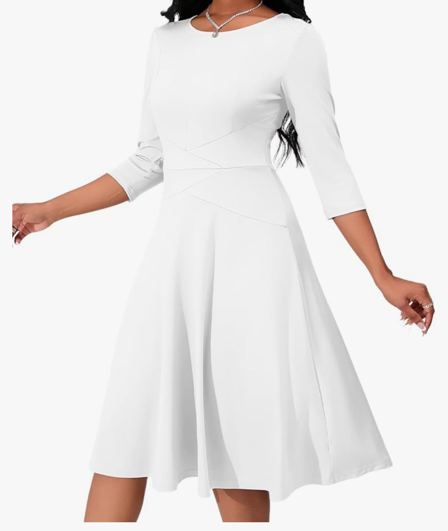PerZeal Casual Dress for Women 3/4 Sleeve Crew Neck Midi Dress A-Line High Waist Flowy Wrap Swing Flare Dress XL