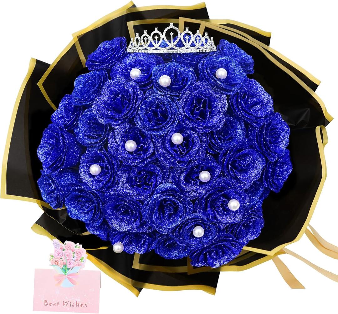 DIY Glitter Roses Bouquet Artificial Flowers - 36 Pack Glitter Eternal Bouquet Kit Fake Shiny Floral Bouquet for Birthday Gifts Wedding Engagement Anniversary Valentine's Day Blue