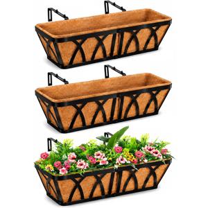 LCHUANG Deck Railing Planter Window Box - 3 Pack 24 Inch Deck Balcony Rail Planter with Coconut Coir Liner, Fence Metal Hanging Flower Planter Basket Deck Railing Planter Boxes for Outdoor Lawn
