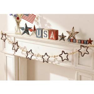 4th of July Garland Decorations, Farmhouse Patriotic Banner with Rattan Stars and Wooden Beads, Rustic Fourth of July Decorations Indoor for Mantel Fireplace, 250th Anniversary Independence Day Decor