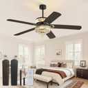 60 Inch Fandelier Ceiling Fan with Double-layer LED Light, Black Chandelier Fan, 3CCT, 6-Speeds, Quiet DC Motor, Ceiling Fan Chandeliers, Modern Ceiling Fans for Bedroom, Living Room (Black & Wood Grain)