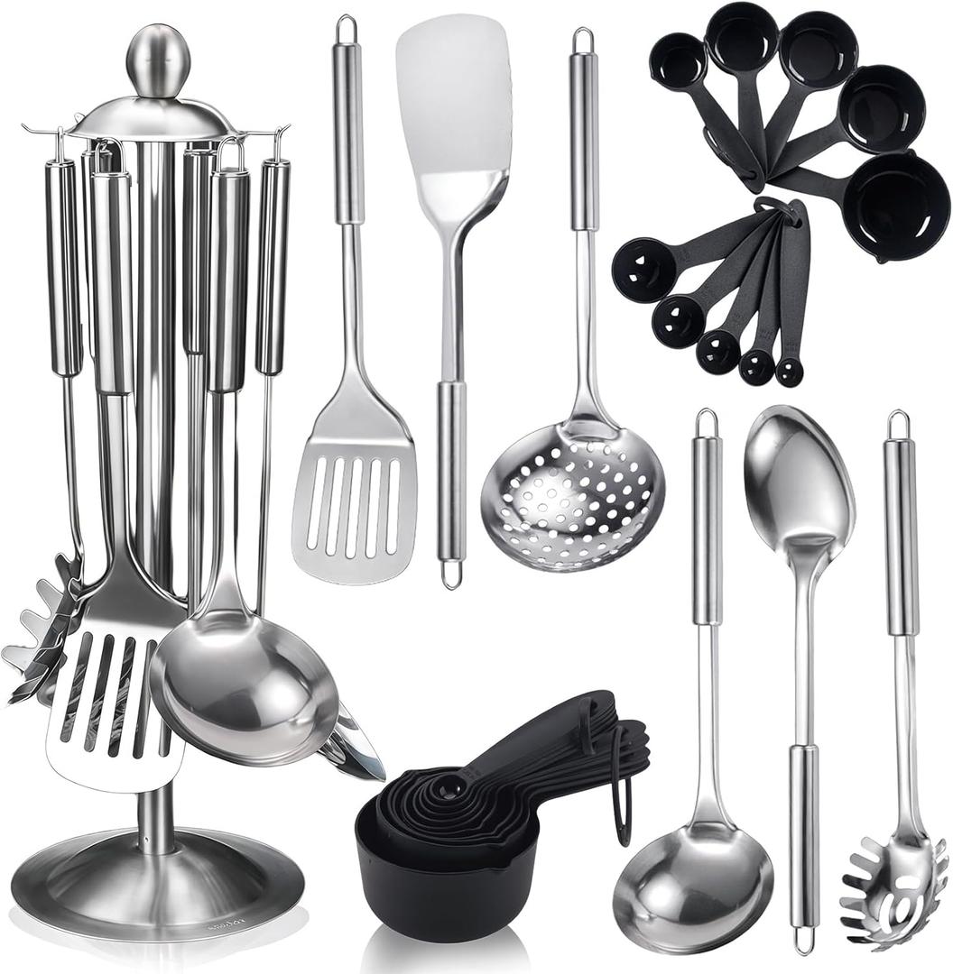17Pcs Stainless Steel Kitchen Utensils Set - Metal Cooking Utensils Set with Rotatable Holder, Heat Resistant Stainless Steel Utensil Set with Spatula Set, Ladle, Skimmer, Spoons, Pasta Server