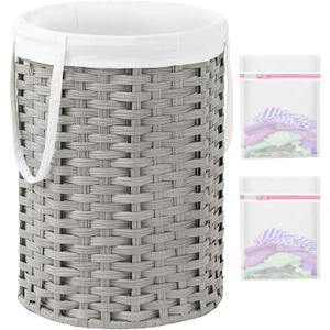 SETVSON Laundry Hamper Laundry Basket Round 19.0 Gal (72 L) Handwoven Rattan Hamper, Large Wicker Laundry Hamper with Removable Laundry Bag Handles 2 Mesh Bags for Bathroom Living Room Gray (No Lid)