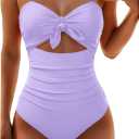 Tempt Me Women Purple Sexy Cutout One Piece Swimsuits Tummy Control High Waisted Halter Front Tie Knot Bathing Suit L
