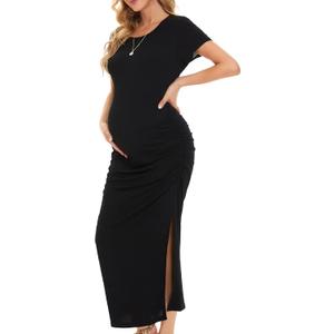 Smallshow Women's Split Long Maternity Dress Short Sleeve Ruched Pregnancy Clothes, Medium
