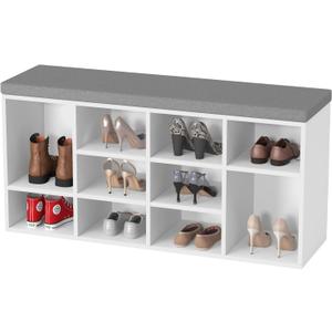 PayLessHere Shoe Bench Storage Bench 10 Compartments Shoe Organizer with 3-Tier Shoe Rack Bench Adjustable Shelves Shoe Shelf for Living Room Entryway Hallway Bedroom (White and Grey)