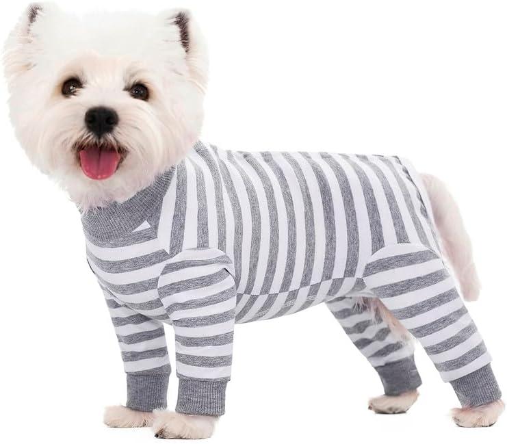 Dog Striped Recovery Suit, Puppy After Surgery Onesie for Female Male Dogs, Dogs Cats Long Sleeve Pajamas Bodysuit, Surgery Abdominal Wound Bandages Clothes, Dog Pant for Shedding Skin Disease (X-Large, Grey)