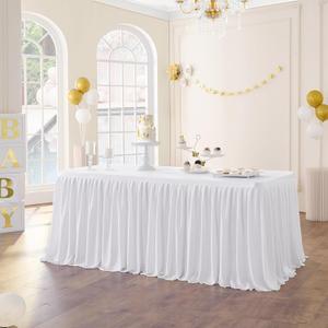 Leegleri 108Inch Long White Polyester Table Skirt for RectangleTables, Wrinkle Resistant Pleated Ruffle Table Cloth for Banquet,Wedding,Trade,Baby Shower(Tablecloth Not Included) (108inch(L)30inch(H))