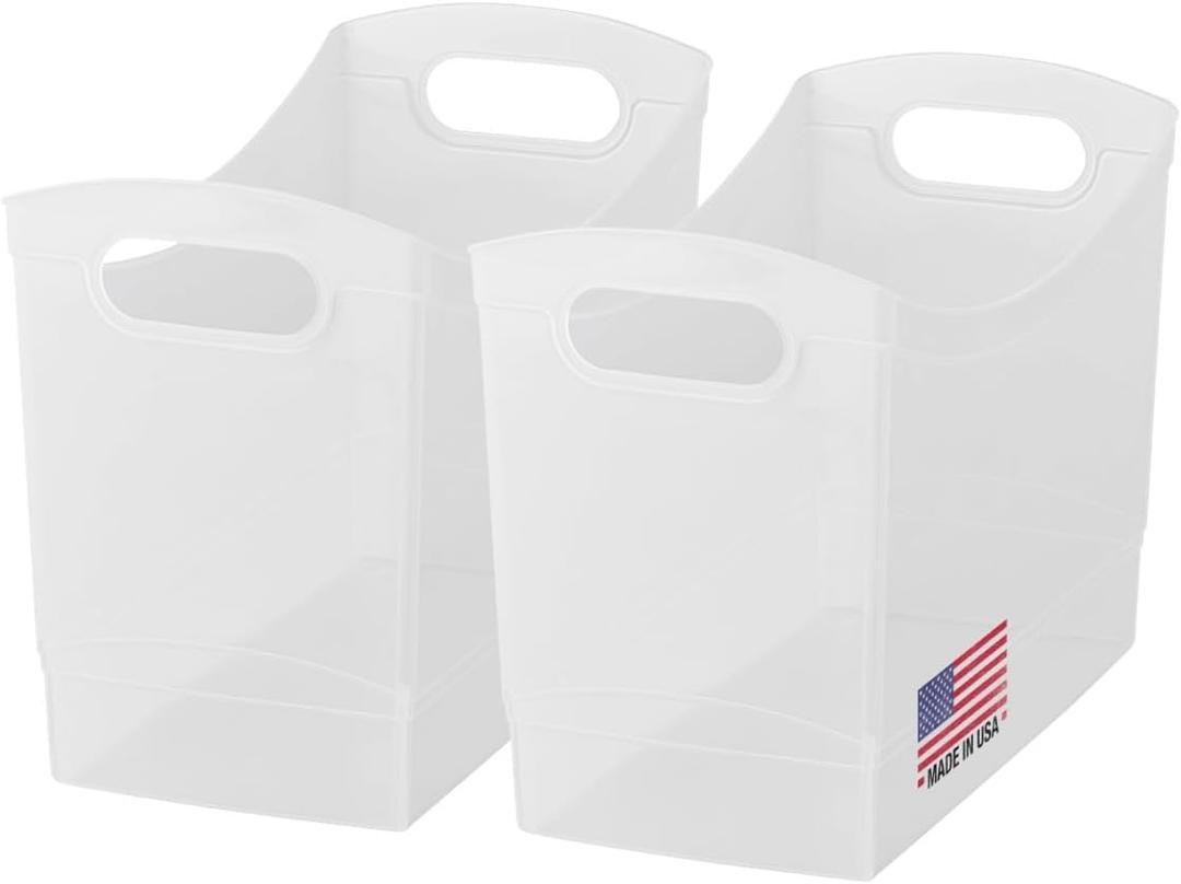 Modern Narrow Organizer Storage Bin, Clear Plastic Household Storage Container for Kitchen Pantry storage, Under Sink Bin, Bathroom/Laundry Room - Made In USA - 2 Pack (Narrow - 13 X 9 X 6)