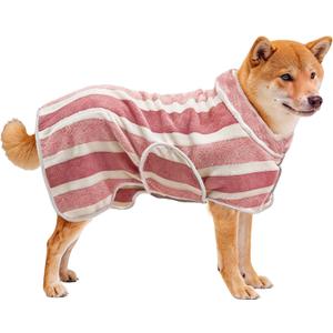 Fast Drying Dog Bath Robe, Super Absorbent Stripes Dogs Towel, Adjustable Warm Keeping Pet Puppy Bath Supplies (Red, L)