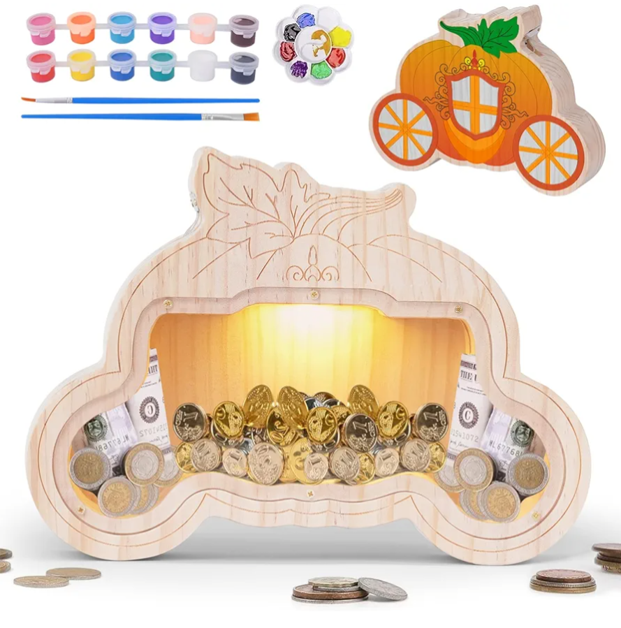 Wooden Piggy Bank for Kid, DIY Night Light Personalized Money Bank for Boy, Girls, Unbreakable Saving Box with Paintbrush and 12 Paints, Coin Jar Gifts for Kid Birthday&Decor (Carriage)