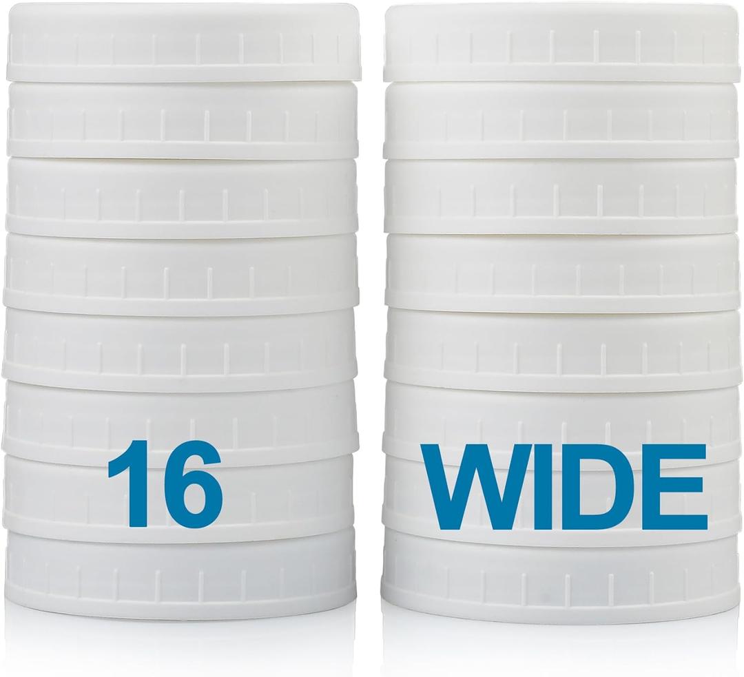 AOZITA Wide Mouth Mason Jar Lids, 16 Pack for Ball, Kerr and More - White Plastic Storage Caps for Mason/Canning Jars - Leak-Proof - Dishwasher Safe & Food Grade