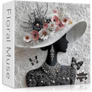 Impossible Puzzles for Adults 1000 Pieces,PICKFORU Floral Muse Puzzle Elegant Lady,Beauty Flower Woman Puzzle Black and White Pearl,Hard Challenge Jigsaw Puzzles Aesthetic, 23.85 x 23.85 inches
