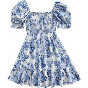 Floerns Women's Floral Puff Short Sleeve A Line Dress Ruffle Hem Boho Dresses (Blue and White) Floerns Women's Floral Puff Short Sleeve A Line Dress Ruffle Hem Boho Dresses (Blue and White)