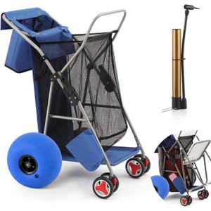 DoubleFill Beach Cart with 12 inch Balloon Wheels for Sand Foldable Beach Buggy Wide Wheel Storage Wagon Rust Free Aluminum Frame with Body Board Holder Removable Tote for Most Terrain(Blue,Classic)