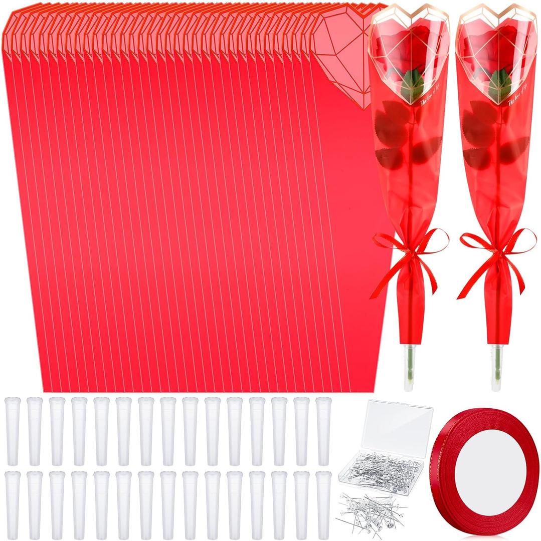 Skyygemm 301 Pcs Flower Wrapping Kit for Wedding Mother's Day 100 Single Rose Sleeves 100 Water Tubes 100 Crystal Diamond Head Pins 1 Ribbon for Birthday Wedding Flower Gifts Arrangement(Red)