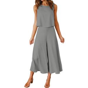ROYLAMP Women's Summer 2 Piece Outfits Round Neck Crop Basic Top Cropped Wide Leg Pants Set Jumpsuits (X-Large, Gray)