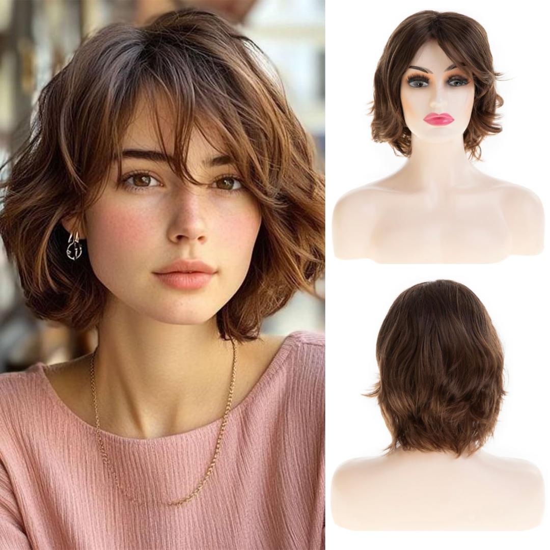 Short Brown Fluffy Wig with Bangs Curl Layered Messy Natural Layered Synthetic Hair Cosplay Costume Wig for Women