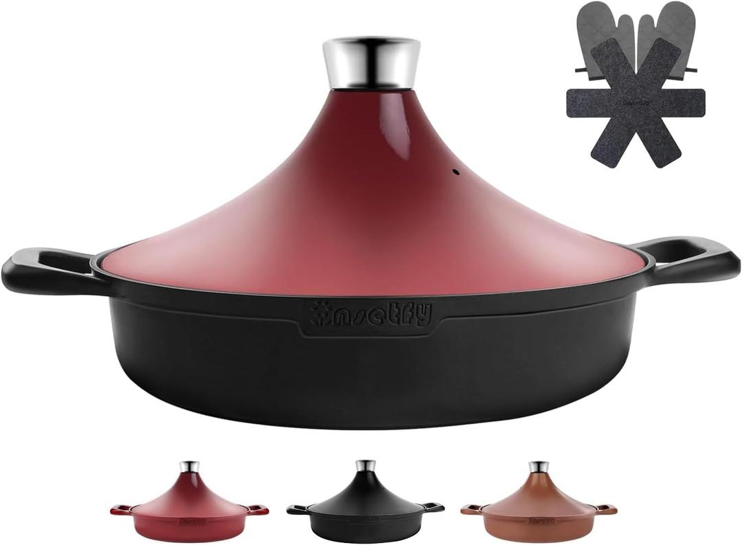 Non-Stick Frying Pan/Skillet 11", 3QT Tagine Pan,Cast Aluminum Pans with Lid, Stove/Oven-to-Table Cookware, Dishwasher Safe& Compatible with All StovetopsBlack Red