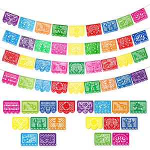 4 Packs Mexican Party Banner 60 Feet Fiesta Plastic Papel Picado Banner Cinco de Mayo Dia De Los Muertos Decor Day of The Dead Decorations Mexican Fiesta Themed Party Decorations Supplies