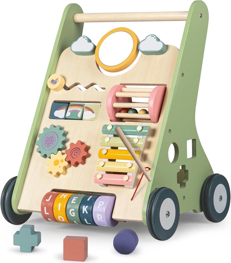 Wooden Baby Walker, Montessori Walker for Babies 6-12 Months, Push Walking Toys for 1 Year Old Learning to Walk (Green Baby Walker)