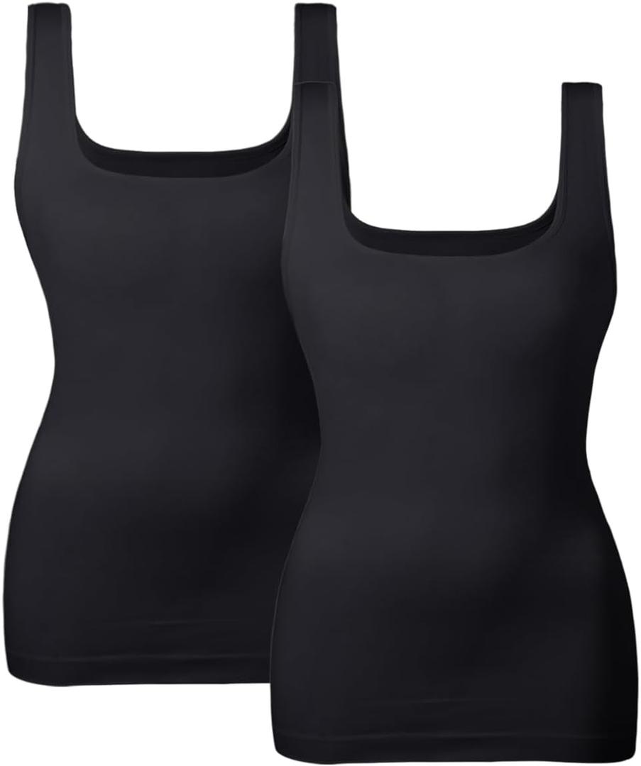 EUYZOU Women Tummy Control Shapewear Tank Tops Seamless Square Neck Compression Tops Slimming Body Shaper Camisole (Medium, Black 2pk)