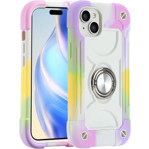 MARKILL Compatible with iPhone 15 Plus Case 6.7 Inch with Rotate Ring Stand, Military Grade Drop Protection Full Body Rugged Heavy Duty Protective Cover for iPhone 15 Plus. (Rainbow White)