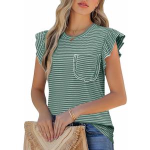 JUSTFASHIONNOW Womens Summer Tops Striped T-Shirts 2025 Ruffle Short Sleeve Crew Neck Casual Blouses with Pocket (X-Large, Green)