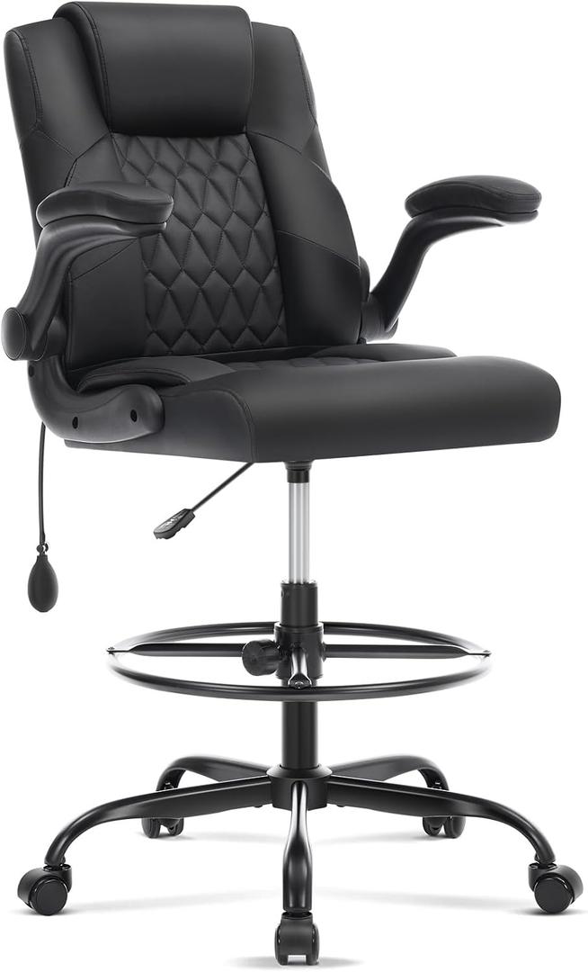 Leather Drafting Chair, Tall Office Chair for Standing Desk, High Executive Office Chair with Inflatable Lumbar Support,Adjustable Height,Flip-up Armres and Foot Ring Studio Chair Black, 23.6 inches x 23.6 inches x 40 inches