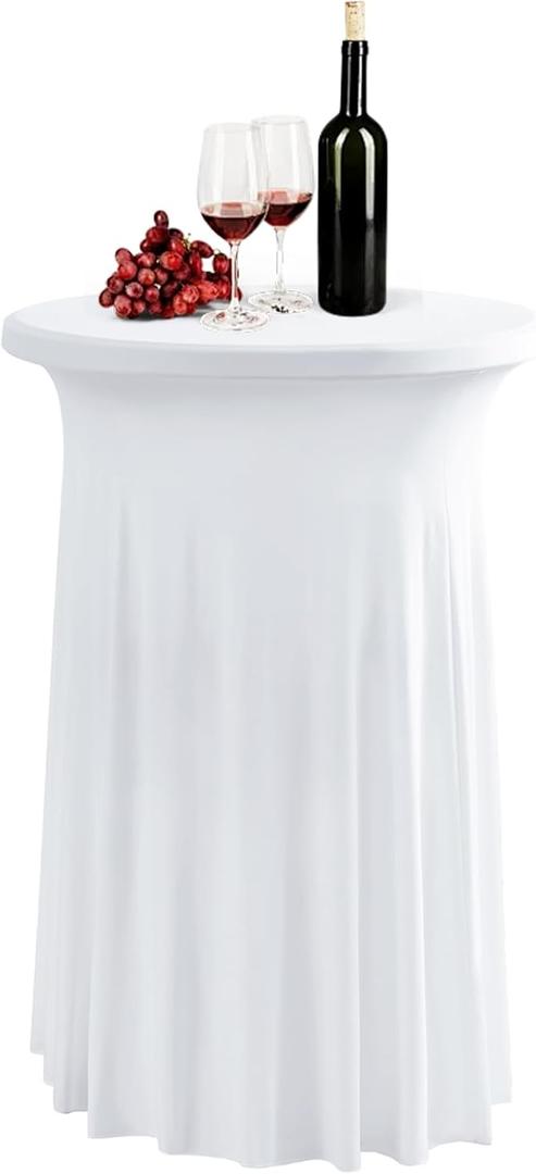 1 Pack White Spandex Stretch Round Table Covers with Skirt - 24x43 Inch Fitted Elastic Cocktail Tablecloth for High Top Bar, Party & Wedding Decor, White