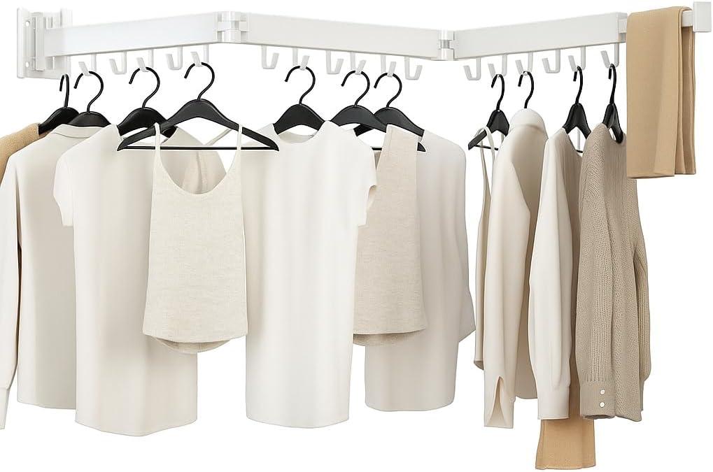 Clothes Drying Rack, Laundry Drying Rack Wall Mounted, [No-Drill & Drilling to Choose] 3-Fold Laundry Drying Racks for Hanging Clothes, Foldable & Sturdy Space Saver for Laundry Room - White