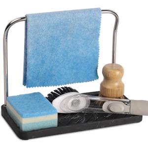 zccz Sponge Holder - Kitchen Sink Organizer Tray Stainless Steel Dish Cloth Hanger Soap Dispenser Brush Holder Caddy, Black Marble Look