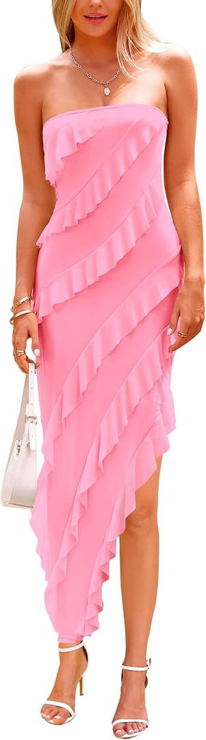PRETTYGARDEN Summer Wedding Guest Dresses for Women 2026 Spring Cocktail Prom Graduation Bodycon Backless Elegant Midi Dress (Pink, XL)