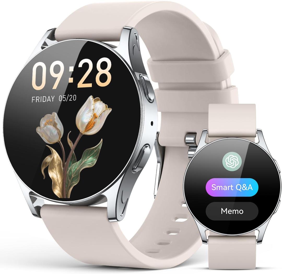 AI Smart Watch wtih GPT, 41mm 1.32" AMOLED, Answer/Make Calls, Activity Fitness Tracker for Android iPhone with AOD, 150+ Sports, Calorie & Step Counter, Sleep Monitor, Women Men, 2 bands (Starlight)