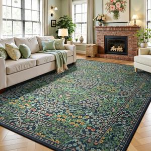 Lessymo Floral Runner Rug for Entryway, 2x6 Kitchen Rugs Non Slip Rubber Ultra-Thin Soft Washable Runners for Hallway, Faux Wool Small Carpet Bedside Rug, Vintage Floral Design Decor, Forest Green